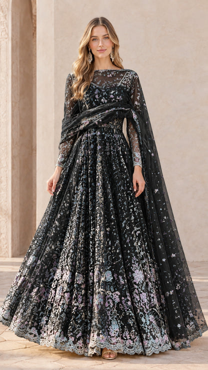 Black embroidered sheer overlay long sleeve formal evening gown