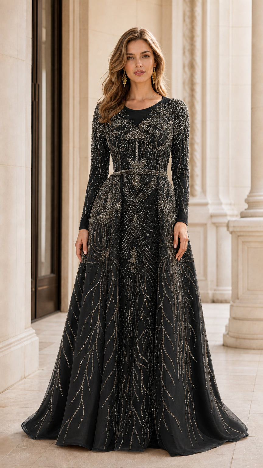 Full-length front view of black beaded long sleeve evening gown
