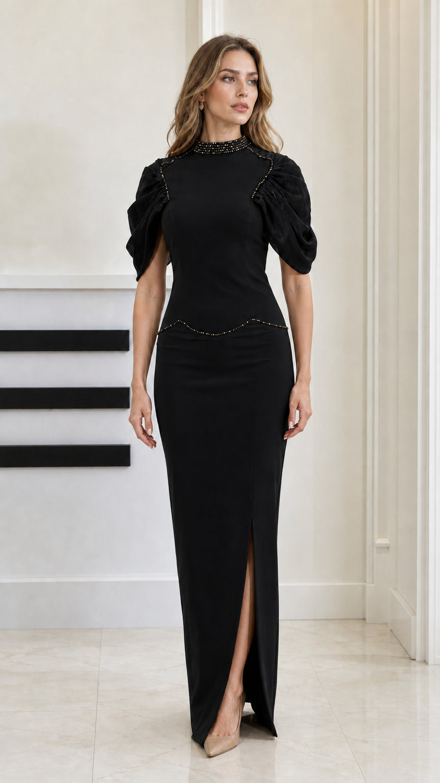 Front view of woman wearing Black beaded high-neck puff sleeve evening gown