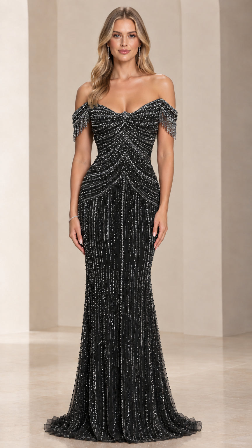 Black off-the-shoulder beaded sequin mermaid evening gown