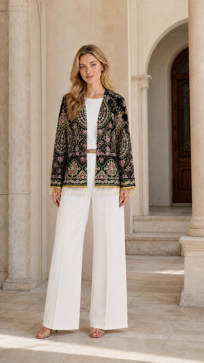 Front full view of Black embroidered evening jacket with fringe trim and white trousers