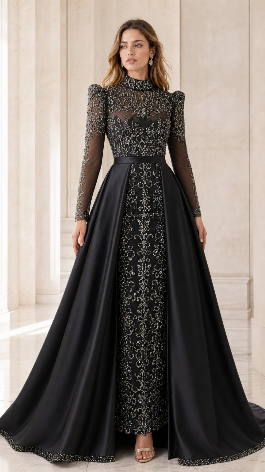 Model wearing classic black long sleeve high neck beaded evening gown with satin overskirt