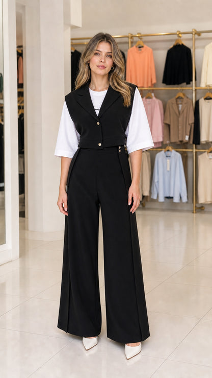 Front view of model wearing black tailored cropped vest and wide leg pants set