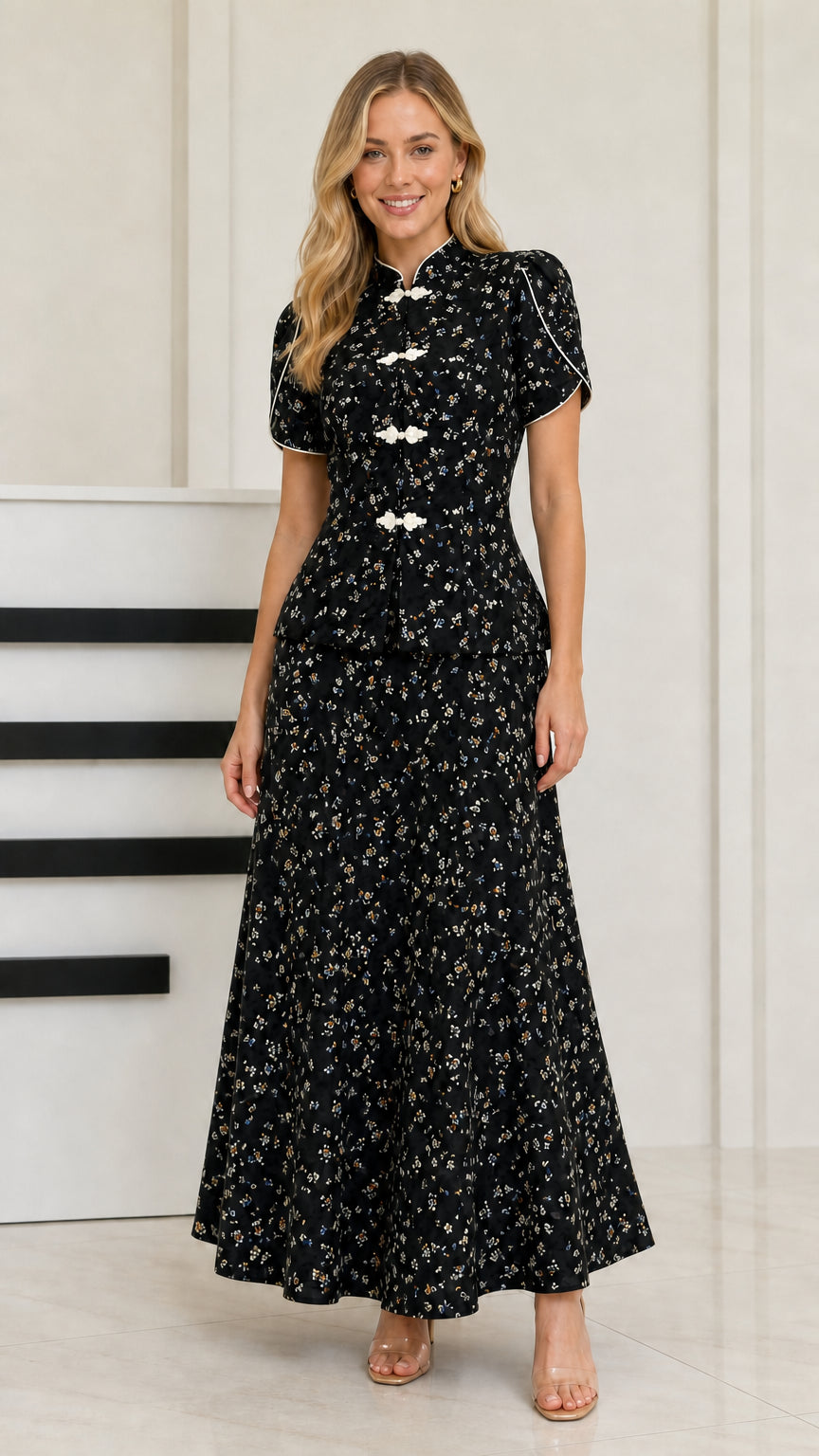 Black floral print Mandarin collar two-piece maxi set