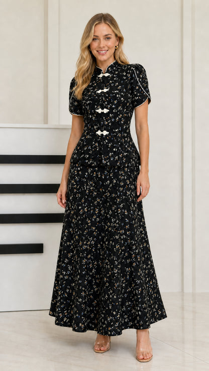 Black floral print Mandarin collar two-piece maxi set