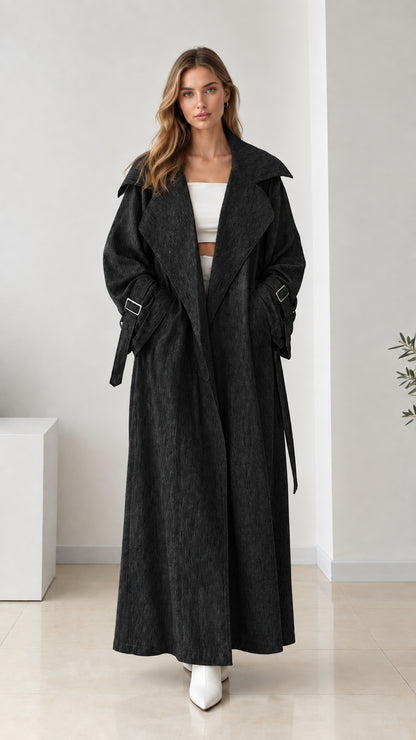 Full front view of women's black maxi trench coat