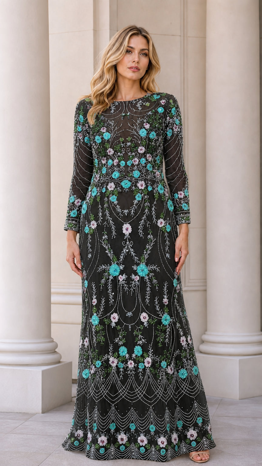 Black floral embroidered long sleeve beaded evening dress front view