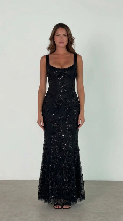 Black floral appliqué and sequin sleeveless evening maxi dress