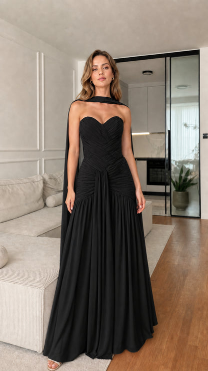 Black Strapless Sweetheart Ruched Chiffon Maxi Evening Gown with Cape