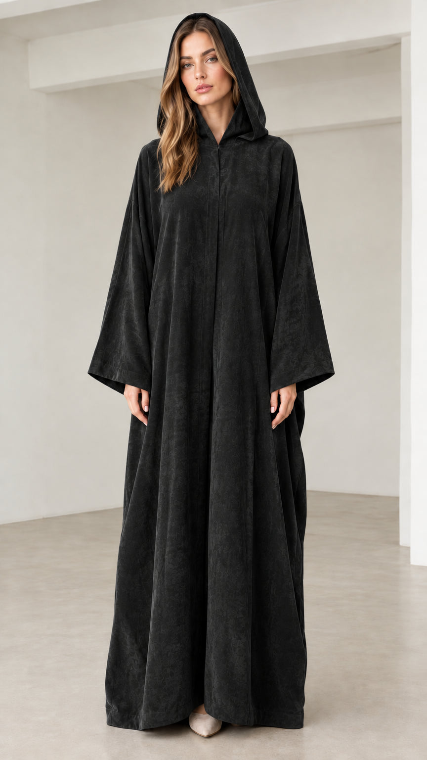 Black hooded maxi abaya dress with long wide sleeves