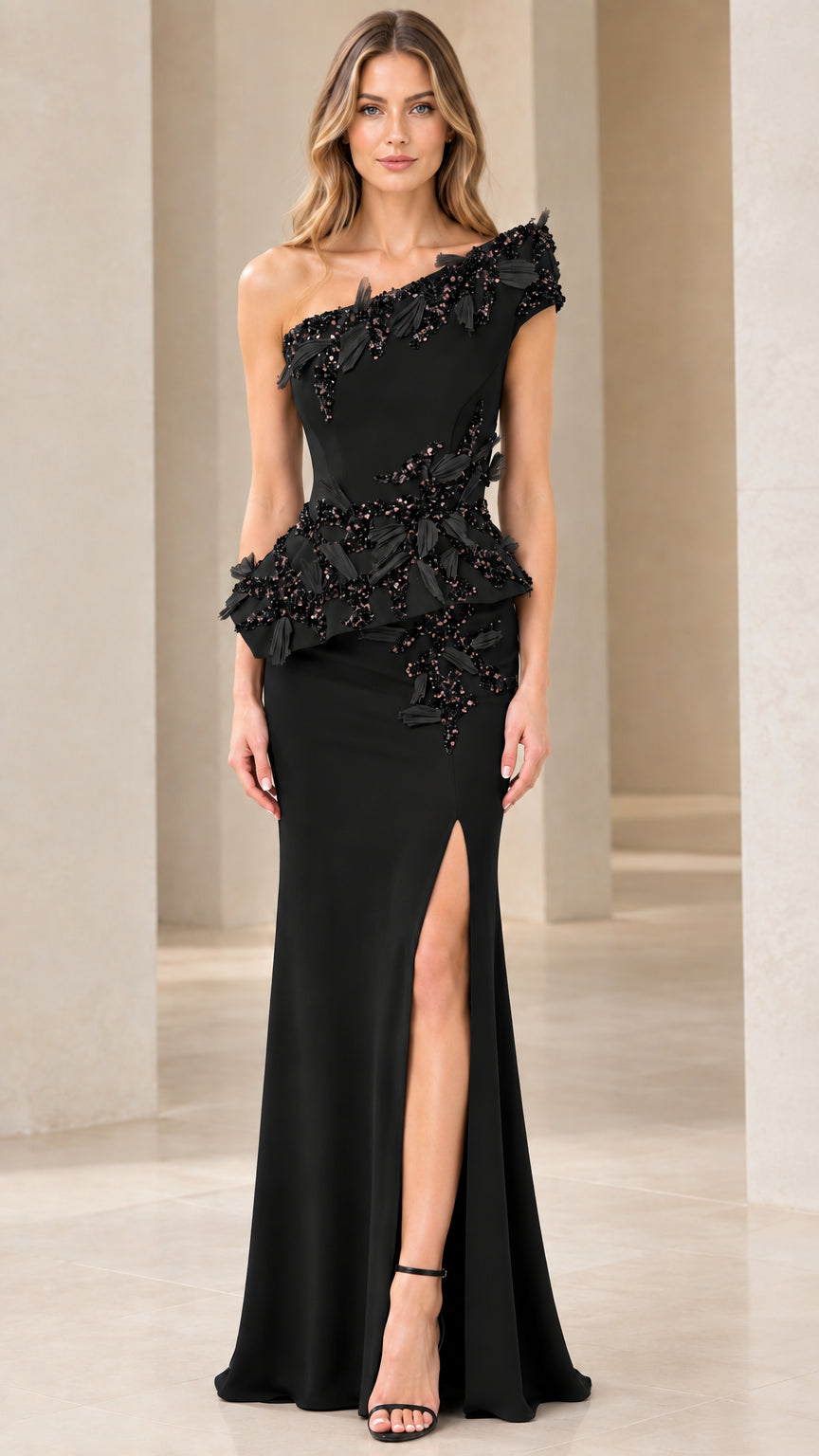 Front view of model wearing Black one-shoulder embellished peplum evening gown