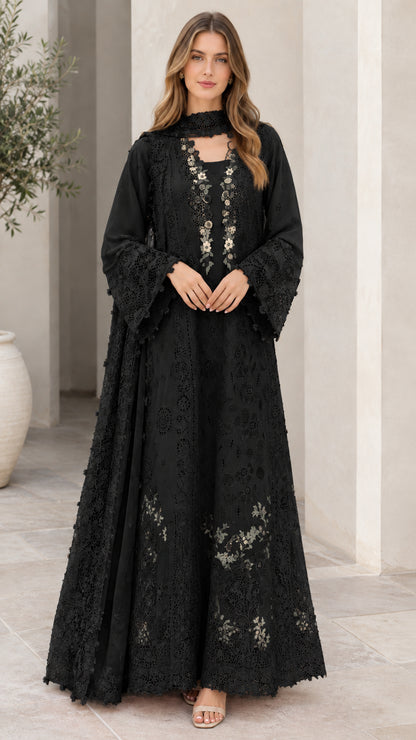 Front view of black floral embroidered lace abaya dress with matching neck scarf
