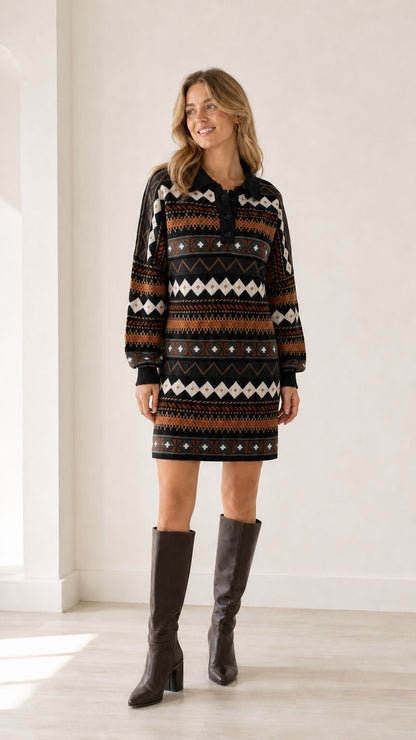 Model wearing black geometric pattern long sleeve polo knit sweater dress