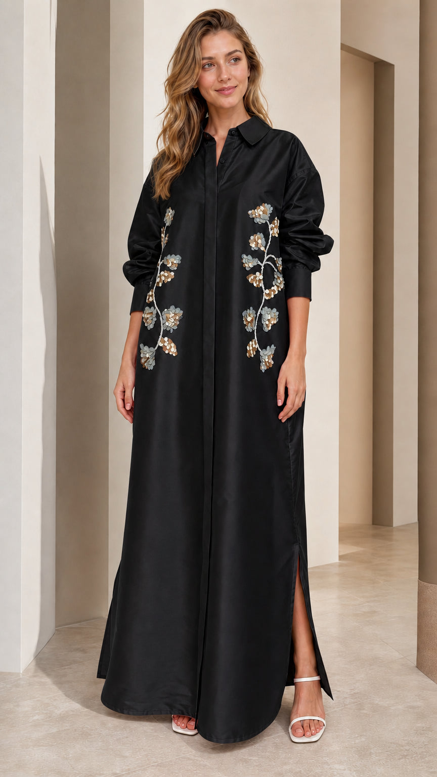 Front full view of black floral sequin embroidered collared maxi dress
