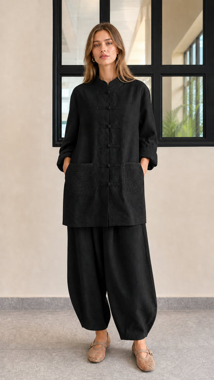 Front view of black linen blend mandarin tunic and lantern pants set