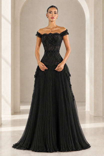Front view of Black off-the-shoulder pleated corset evening gown
