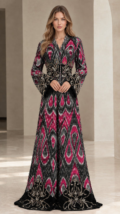 Full-length view of black and magenta embroidered velvet-trim maxi kaftan gown