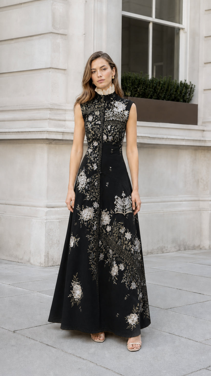 Front view of black embroidered maxi dress