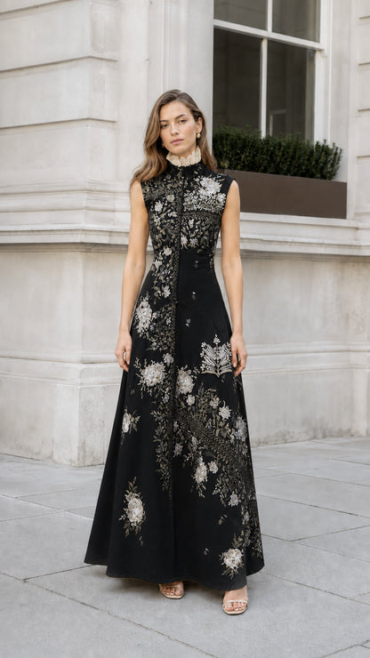 Front view of black embroidered maxi dress