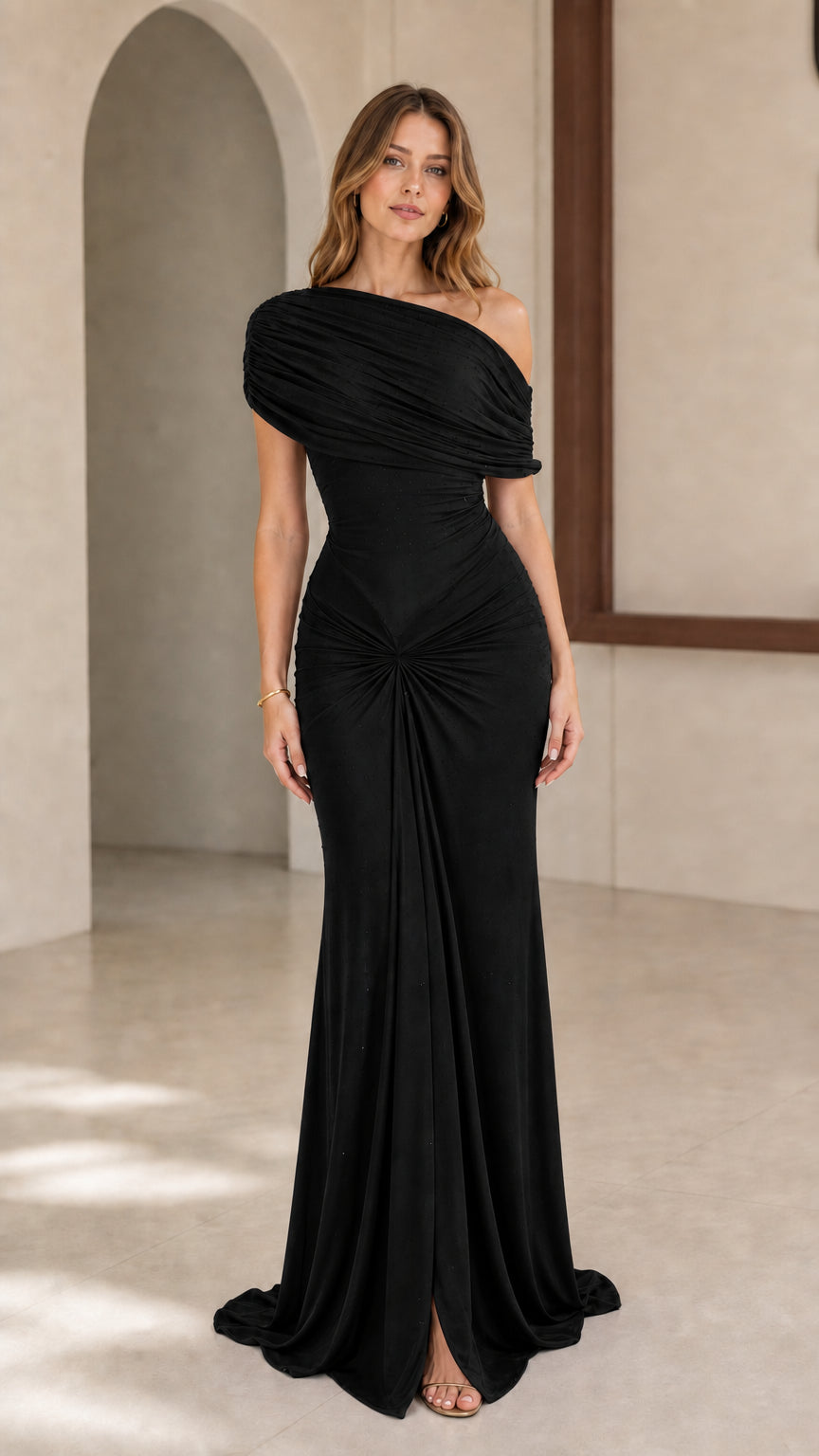 Model wearing Black one-shoulder ruched evening gown