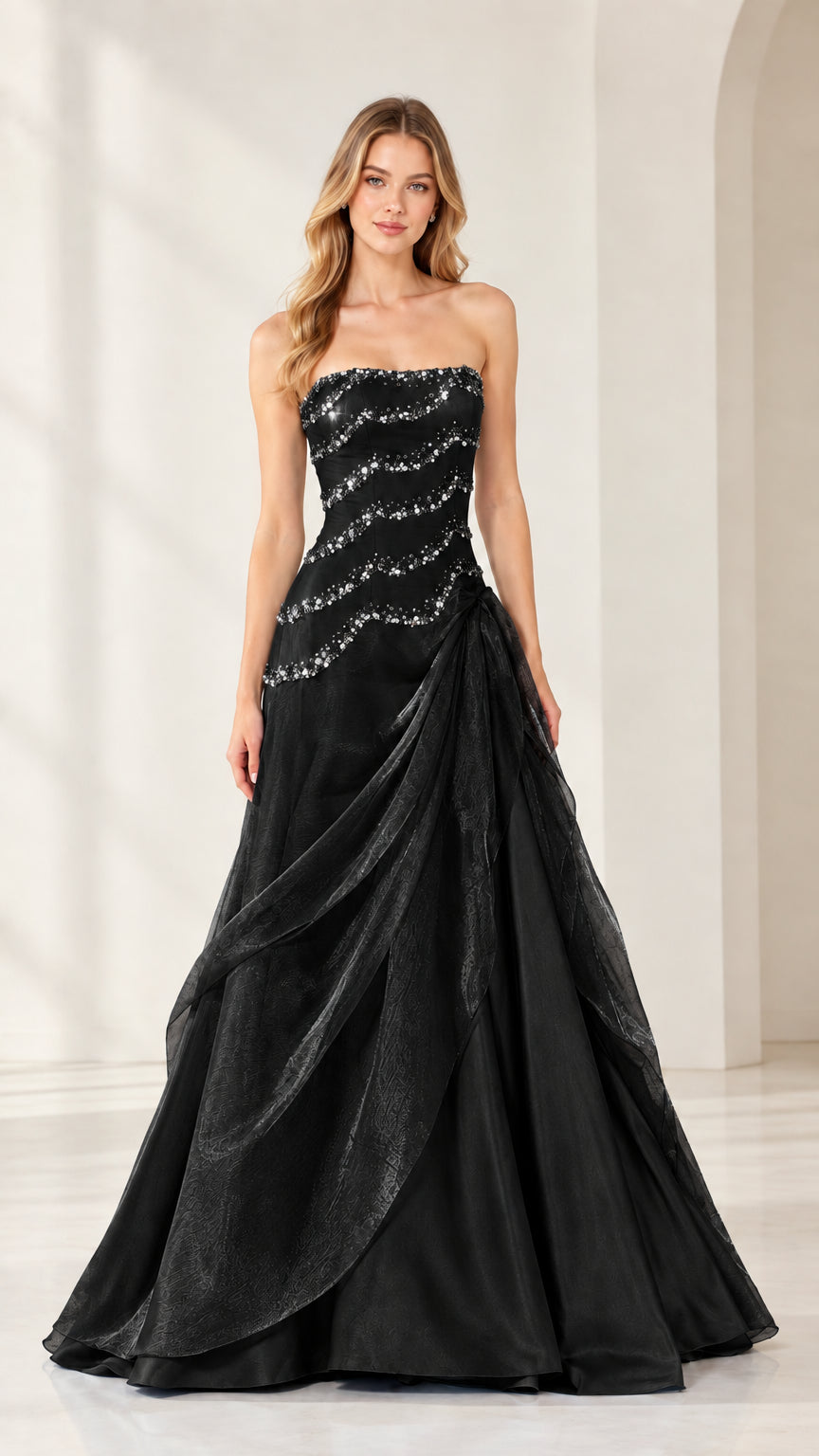 Full-length view of strapless beaded bodice formal evening gown in Classic Black