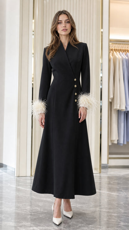 Model wearing Black feather-trimmed A-line maxi coat dress with gold buttons