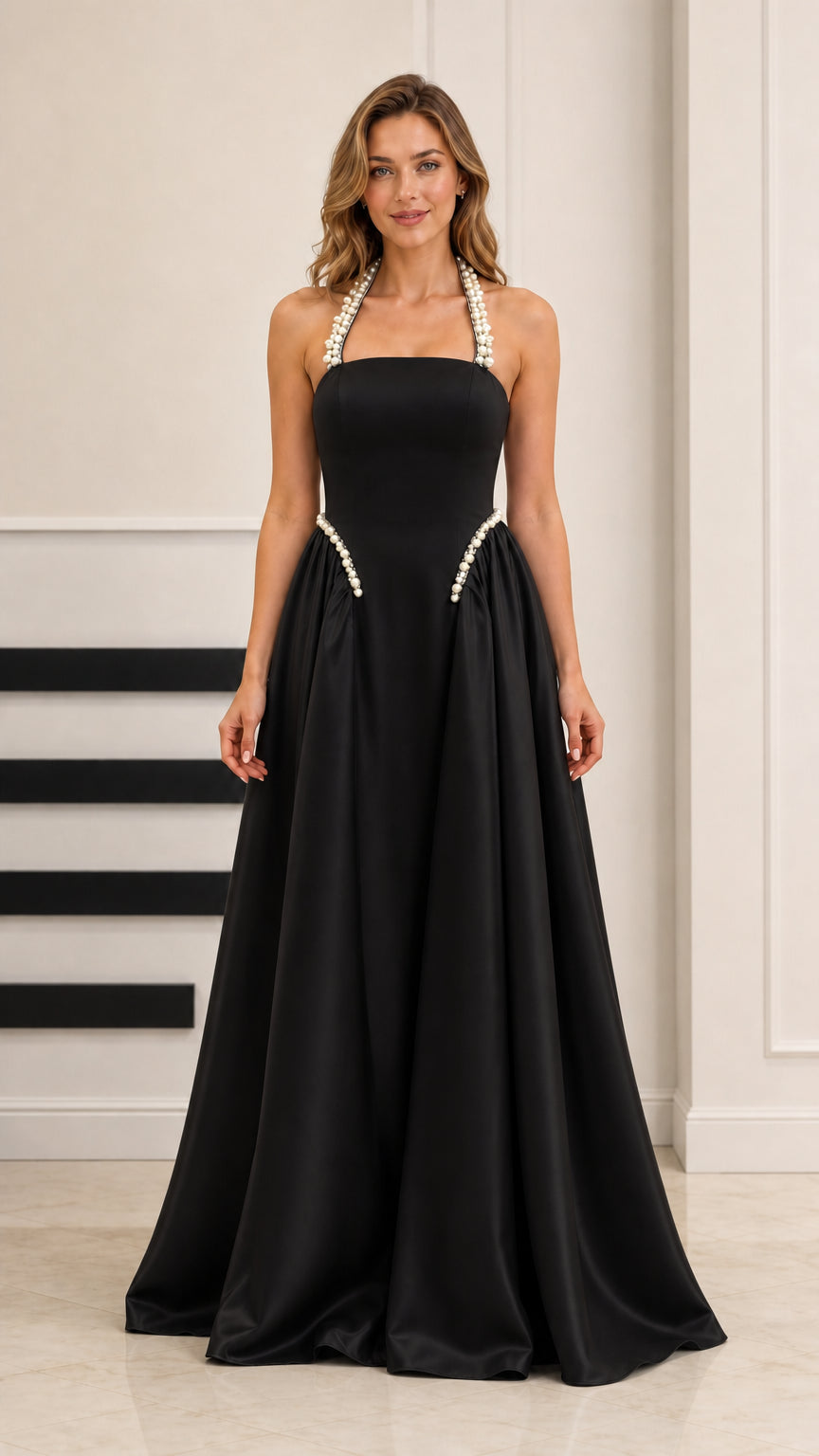 Black satin halter A-line evening gown with pearl embellishments
