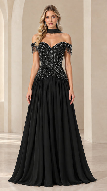 Black off-the-shoulder beaded corset formal dress with matching scarf