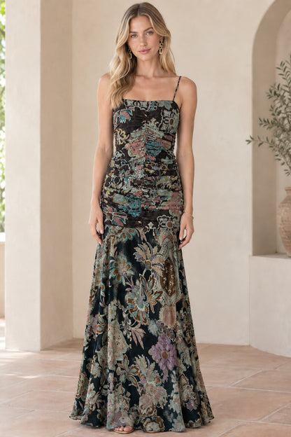 Front view of black multi floral ruched spaghetti strap maxi dress