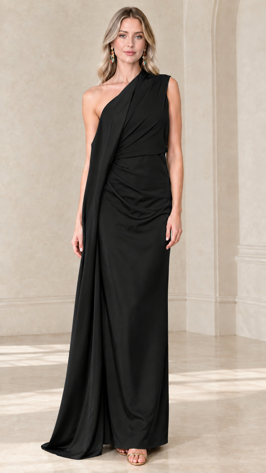 Front view of woman wearing Black one-shoulder draped maxi evening gown