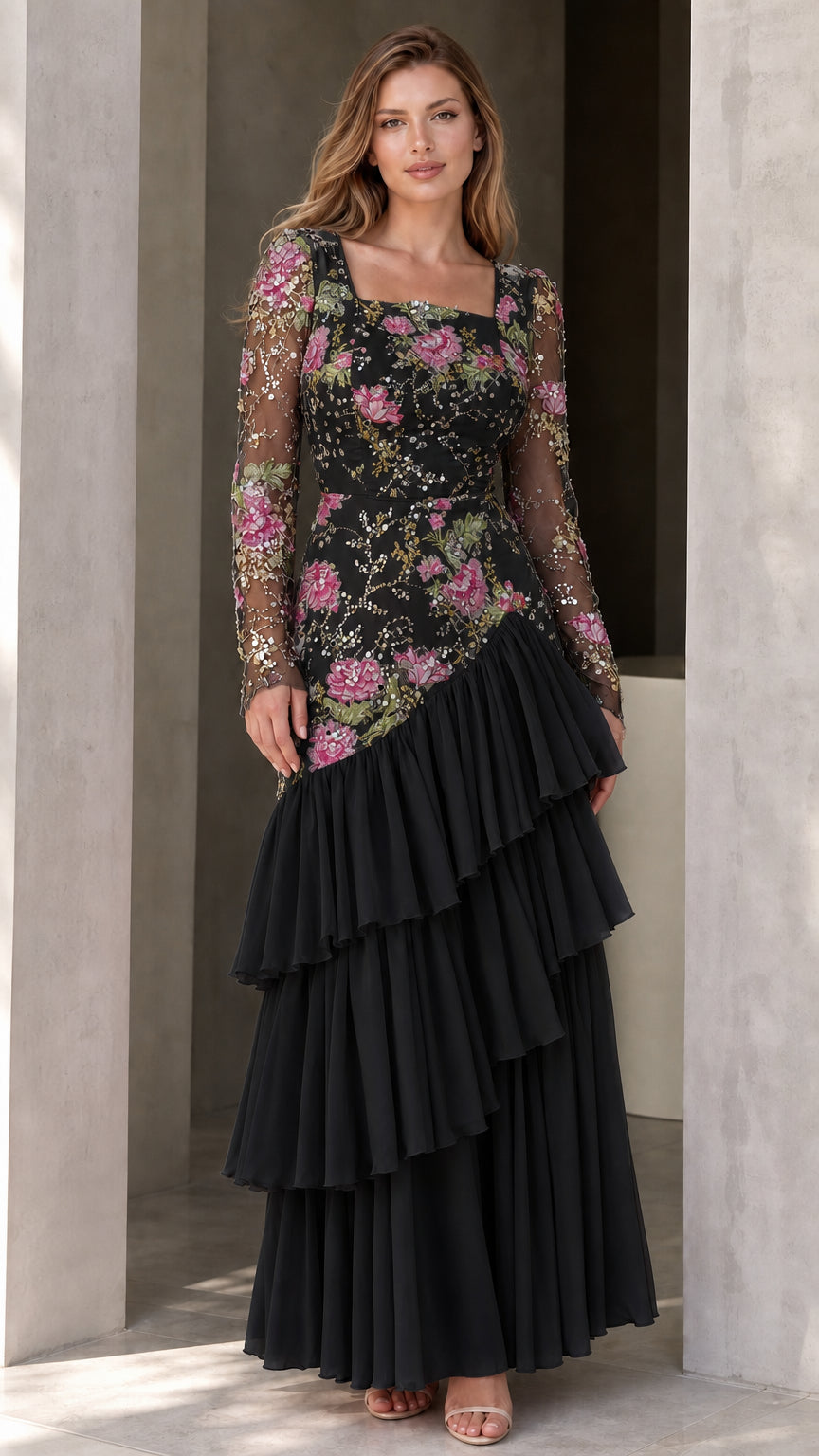Black floral embroidered sequin long-sleeve maxi dress with asymmetrical tiered skirt