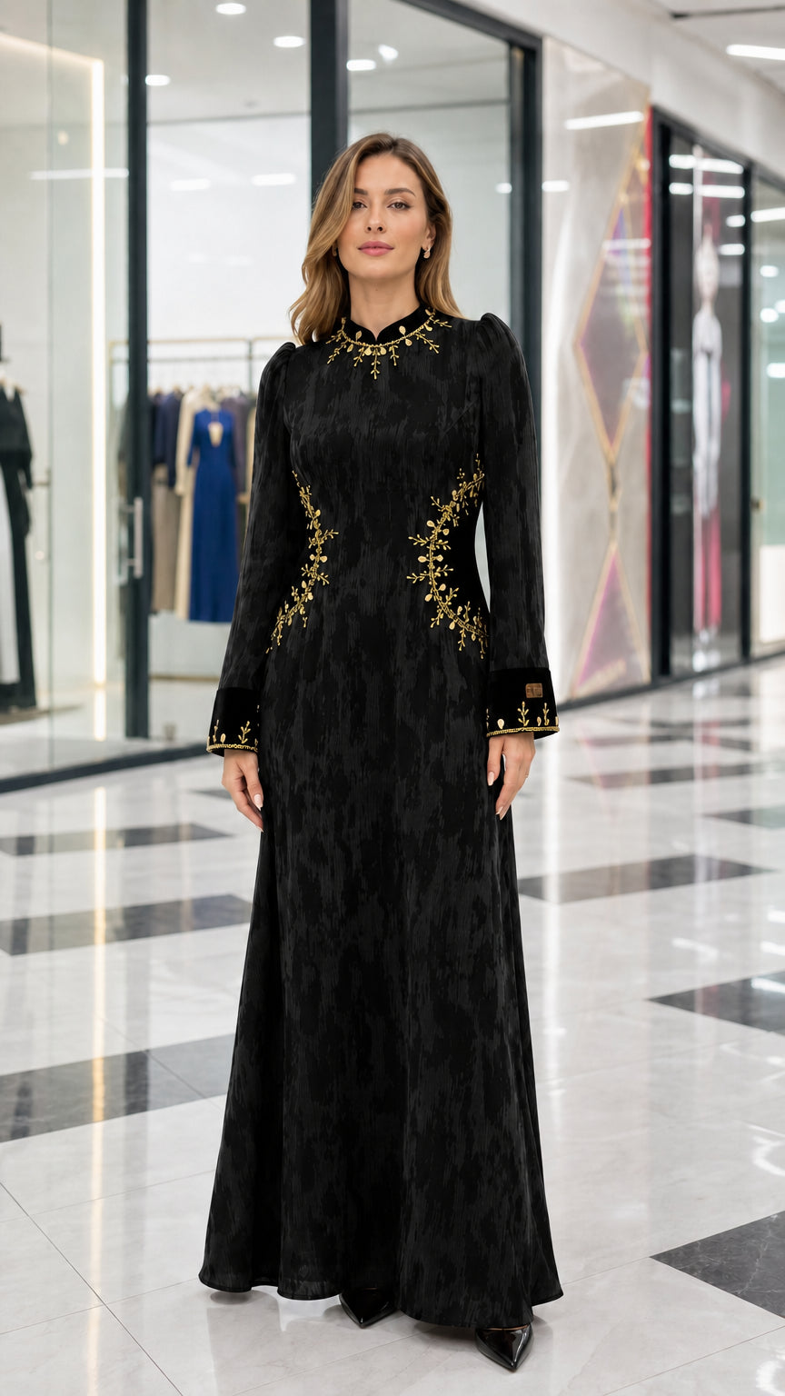 Black textured long sleeve maxi dress with embroidered velvet trim