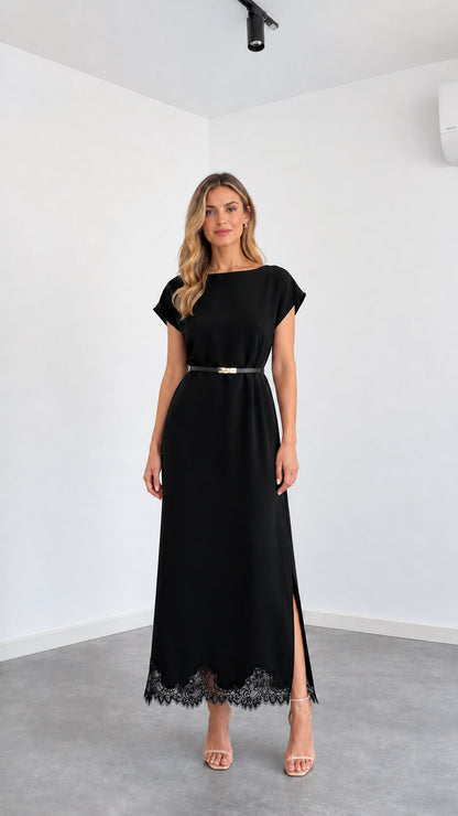 Front view of black cap sleeve belted column maxi dress with black lace hem