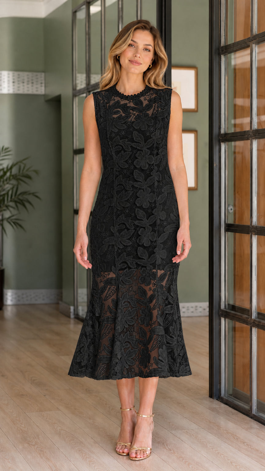 Front view of model wearing black sleeveless lace mermaid midi dress