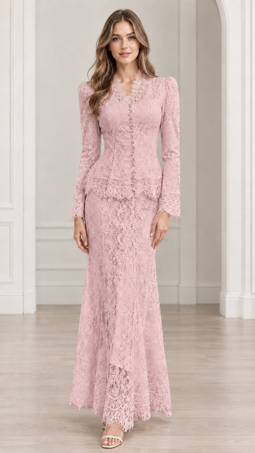 Front view of Blush Pink floral lace formal skirt suit