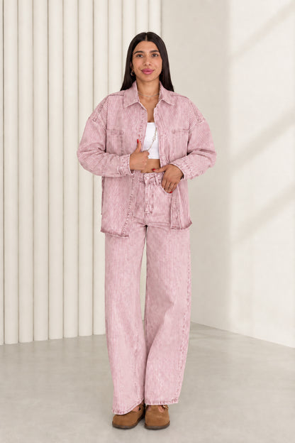 Model wearing dusty pink striped denim shacket and wide leg pants set