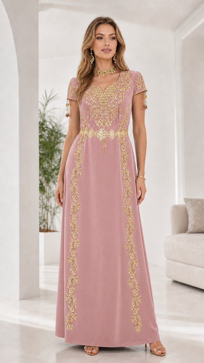 Full front view of dusty pink gold embroidered evening maxi dress