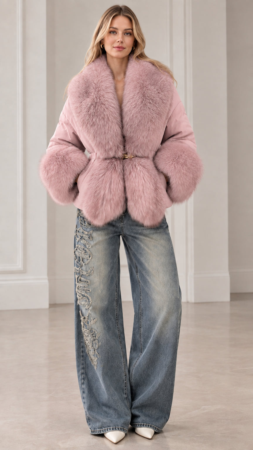 Full front view of dusty pink faux fur trimmed belted puffer jacket