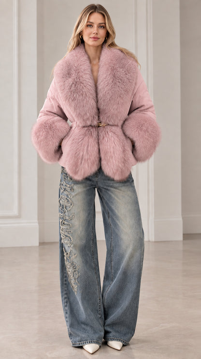 Full front view of dusty pink faux fur trimmed belted puffer jacket