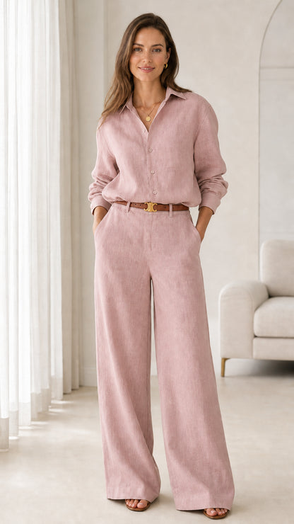 Women's dusty pink matching shirt and wide-leg trousers set