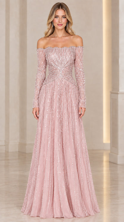 Full-length view of blush pink off-the-shoulder embellished formal gown