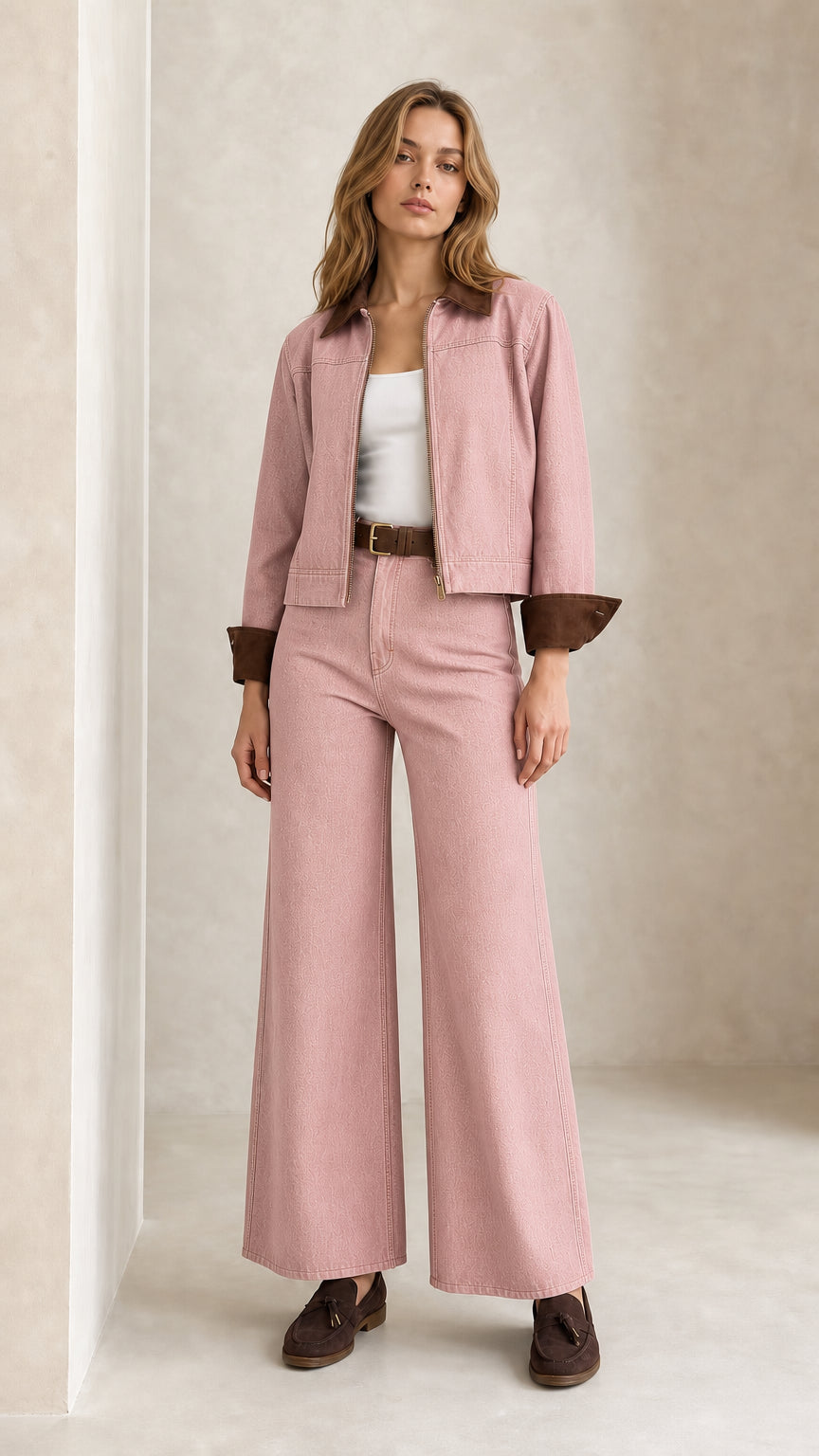 Model wearing Dusty Pink denim jacket and wide leg trousers set
