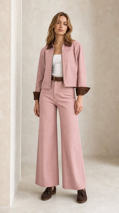 Model wearing Dusty Pink denim jacket and wide leg trousers set