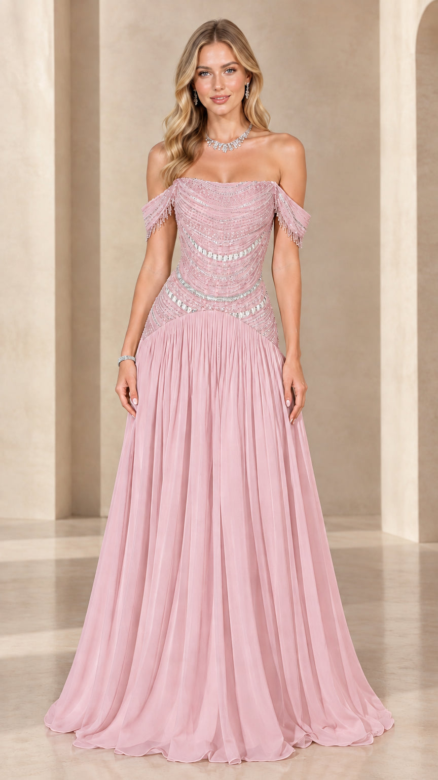 Full-length front view of dusty rose beaded bodice chiffon formal dress