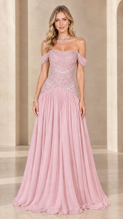 Full-length front view of dusty rose beaded bodice chiffon formal dress