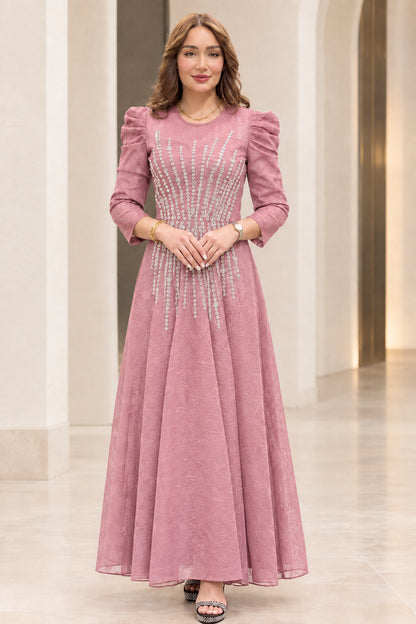 Dusty rose rhinestone embellished pleated sleeve A-line maxi dress