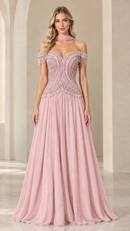 Dusty pink beaded bodice evening gown with off-shoulder fringe trim