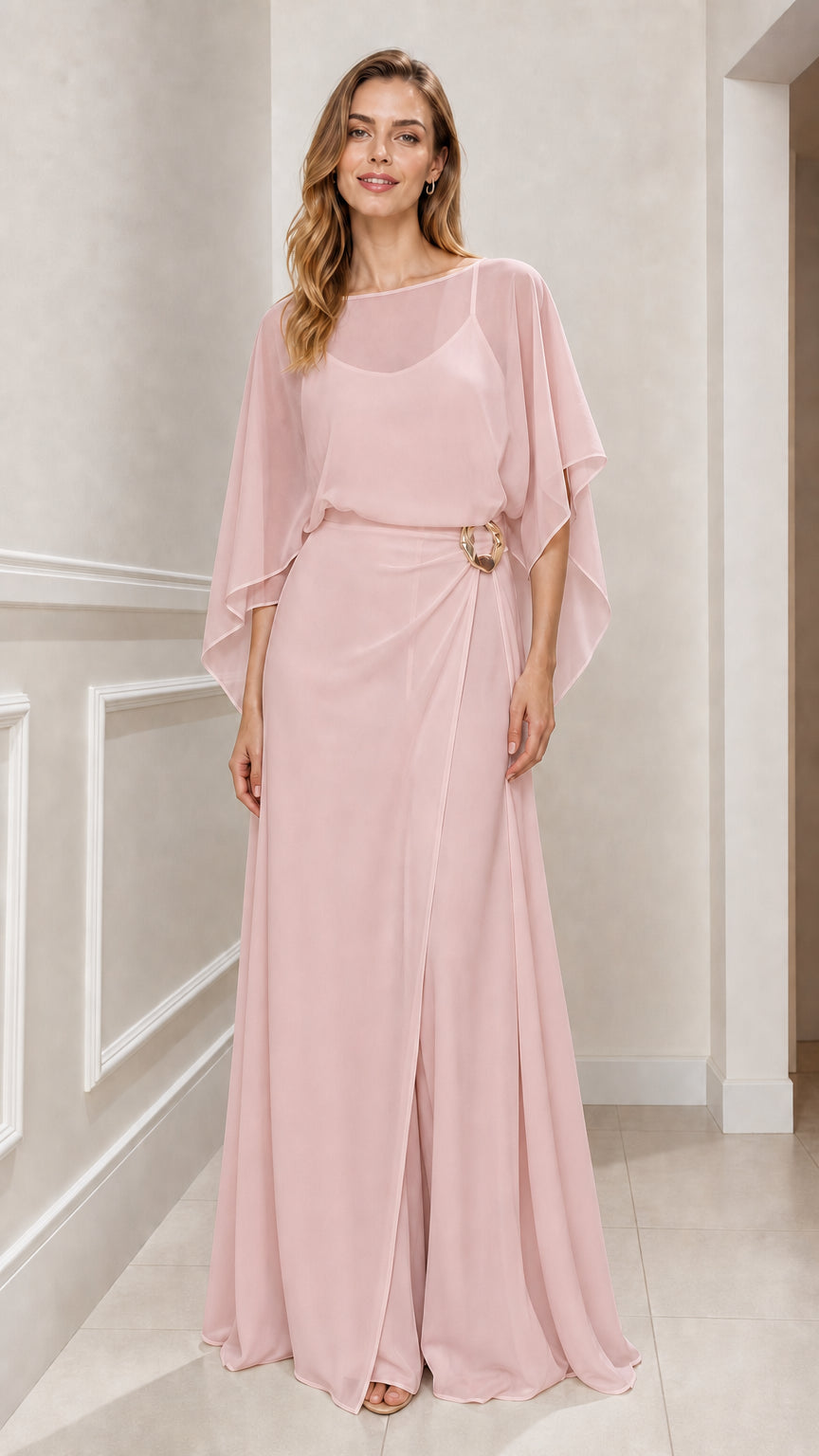 Dusty Pink chiffon cape evening gown front view