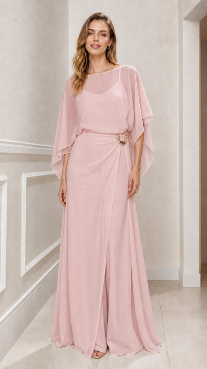 Dusty Pink chiffon cape evening gown front view