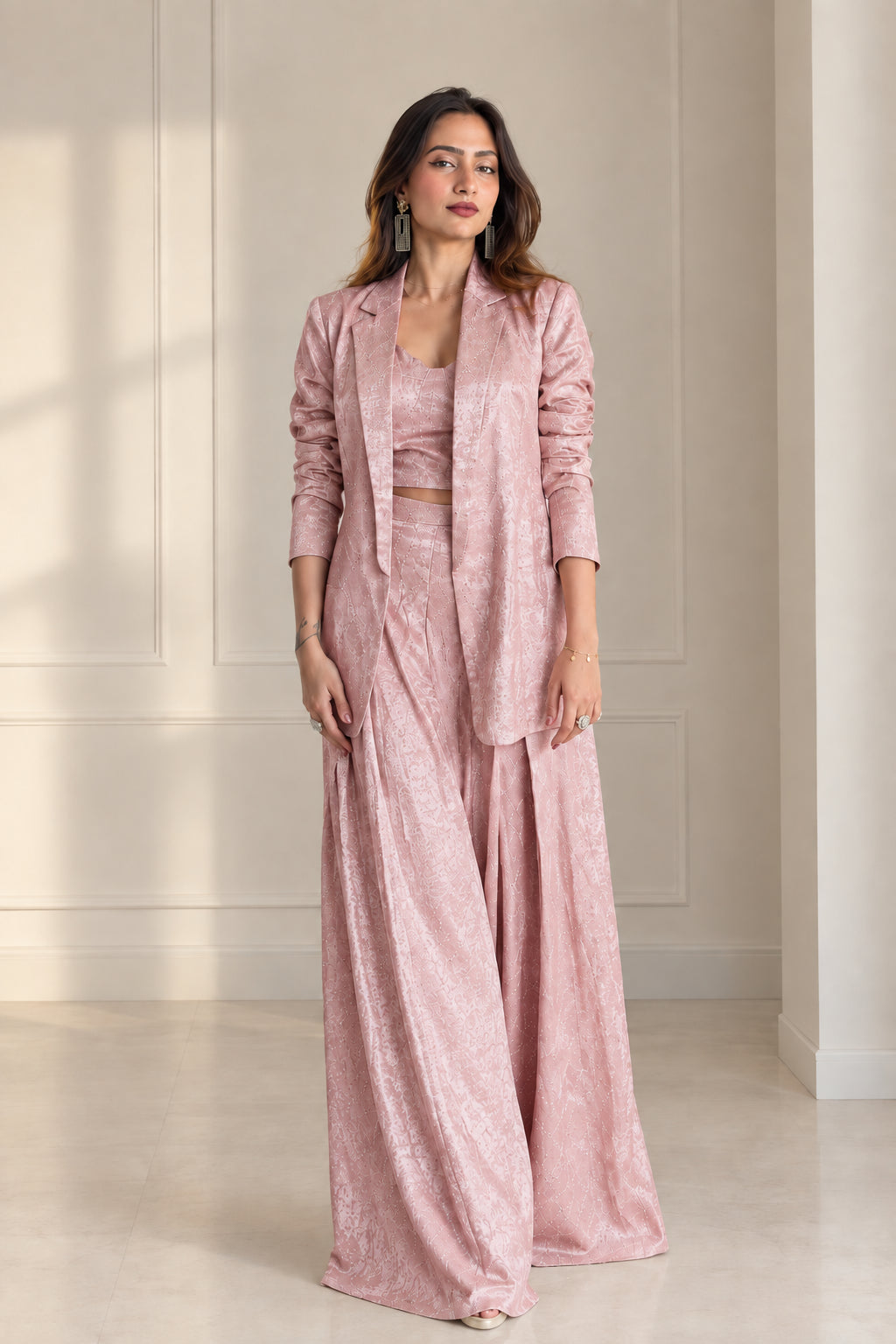 Front view of model wearing Dusty Pink textured jacquard 3-piece pant suit set